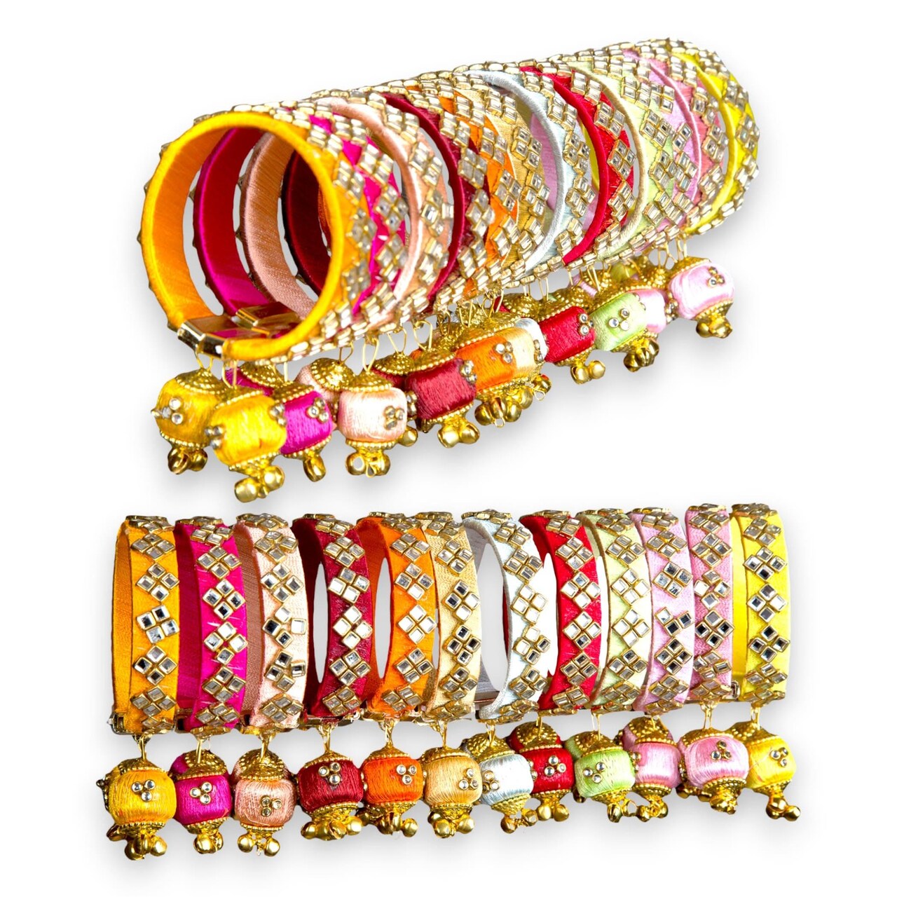 Silk Thread Bangles Designer Kundan Bangle Bracelet for Women Ethnic Handmade Beautiful Stylish Assorted Kangan with Latkan Free Size Fashion Jewelry for Indian Wedding